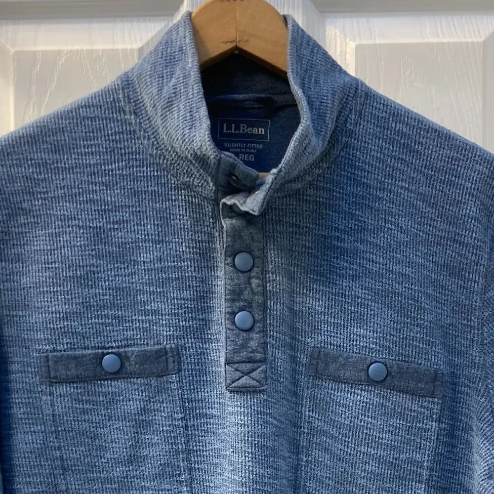 L.L. Bean Pull Over Cotton Sweater Mid Blue / Grey Snap T Pocket Size Large Reg